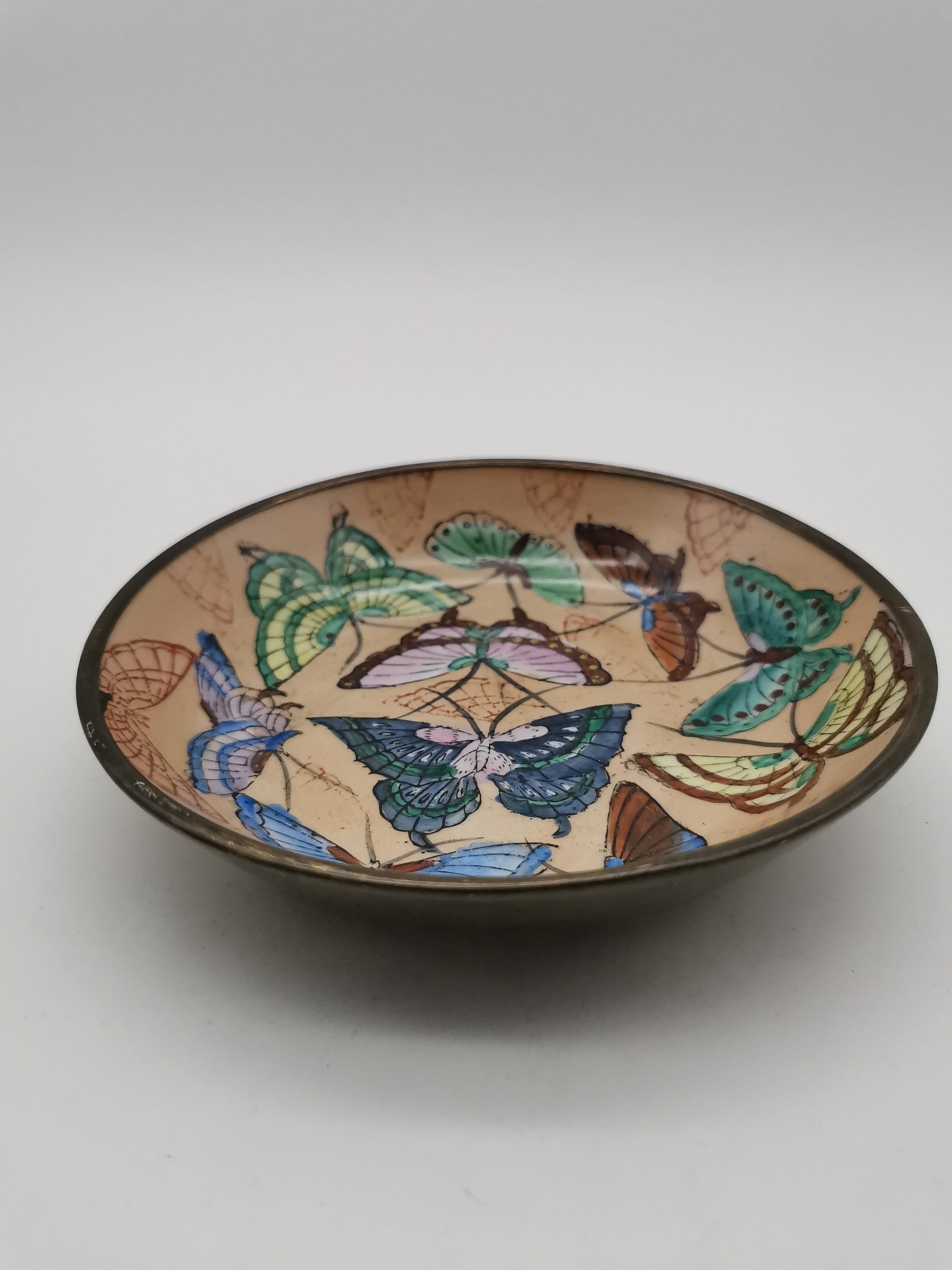 Vintage Chinese Hand-Painted Butterfly Porcelain Wall Plate encased in Brass