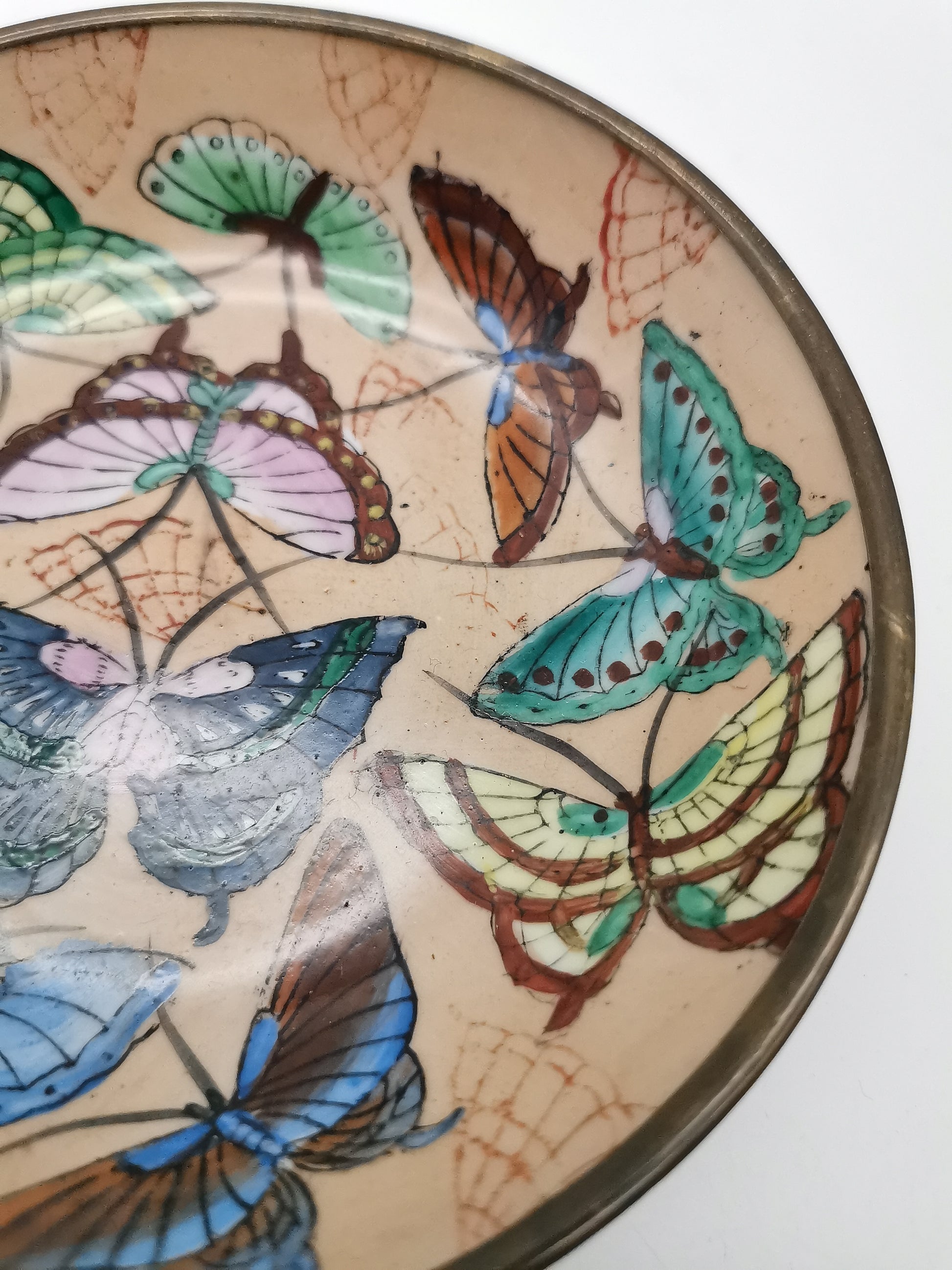 Vintage Chinese Hand-Painted Butterfly Porcelain Wall Plate encased in Brass