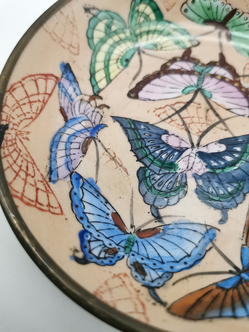 Vintage Chinese Hand-Painted Butterfly Porcelain Wall Plate encased in Brass