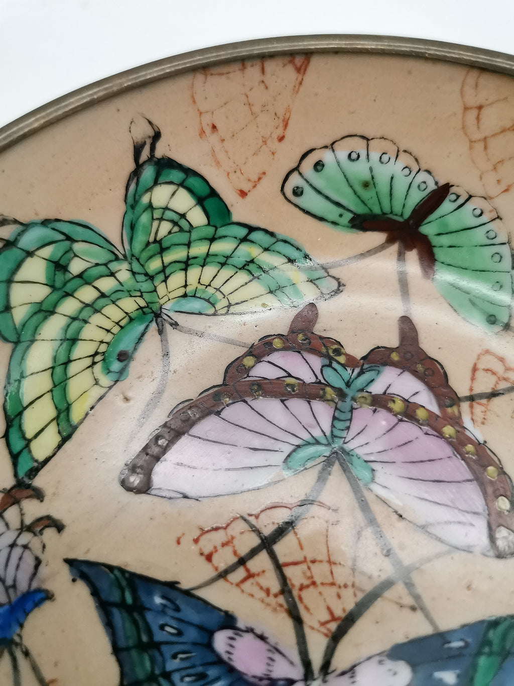 Vintage Chinese Hand-Painted Butterfly Porcelain Wall Plate encased in Brass