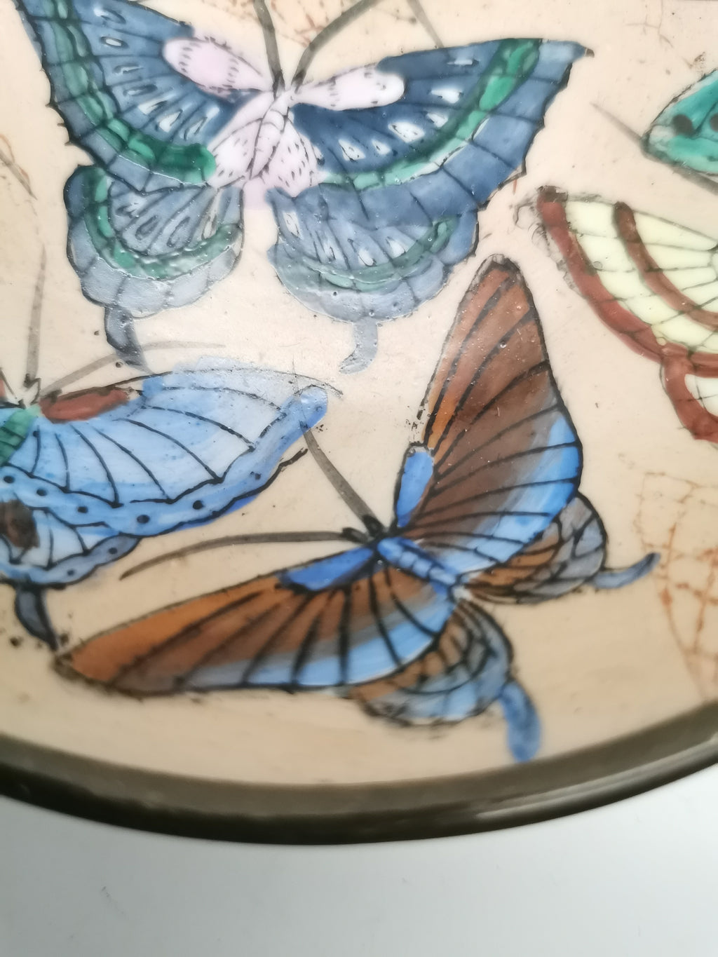 Vintage Chinese Hand-Painted Butterfly Porcelain Wall Plate encased in Brass