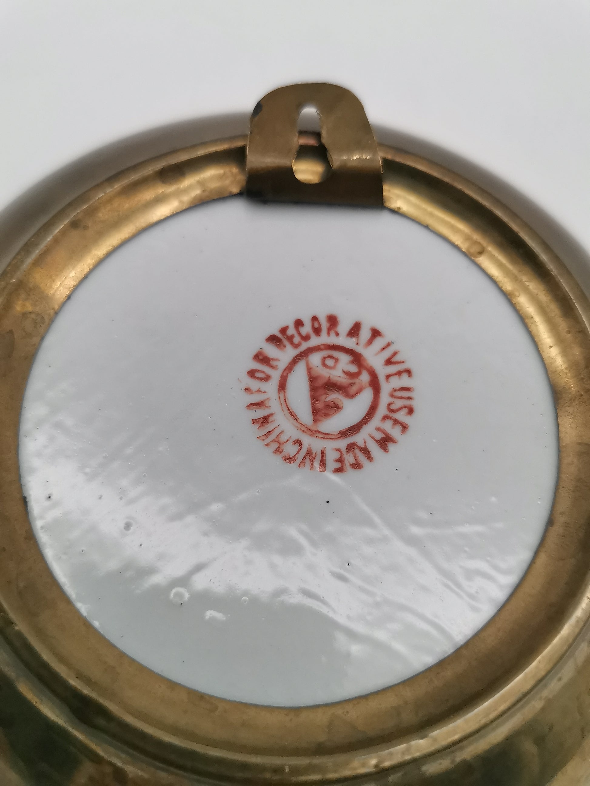 Vintage Chinese Hand-Painted Butterfly Porcelain Wall Plate encased in Brass