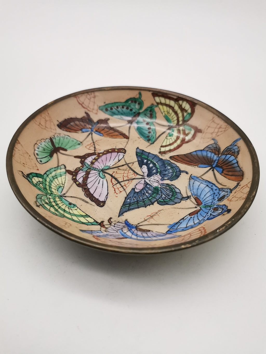 Vintage Chinese Hand-Painted Butterfly Porcelain Wall Plate encased in Brass