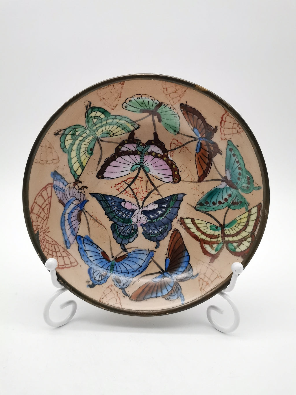 Vintage Chinese Hand-Painted Butterfly Porcelain Wall Plate encased in Brass