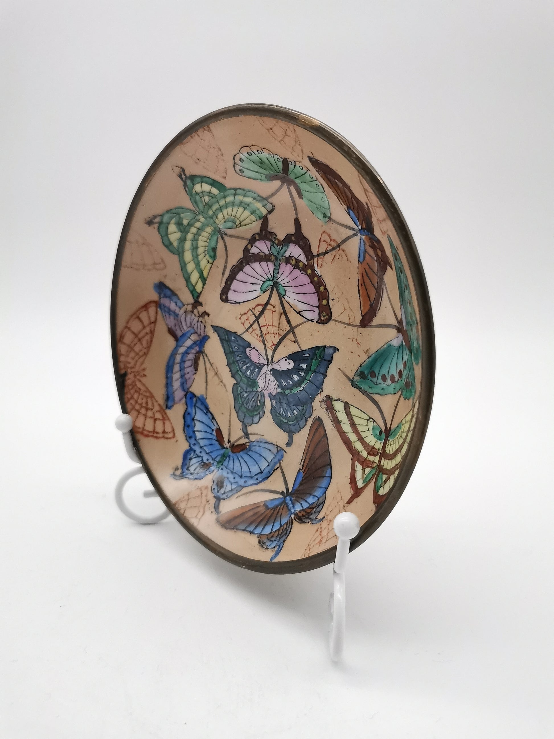 Vintage Chinese Hand-Painted Butterfly Porcelain Wall Plate encased in Brass