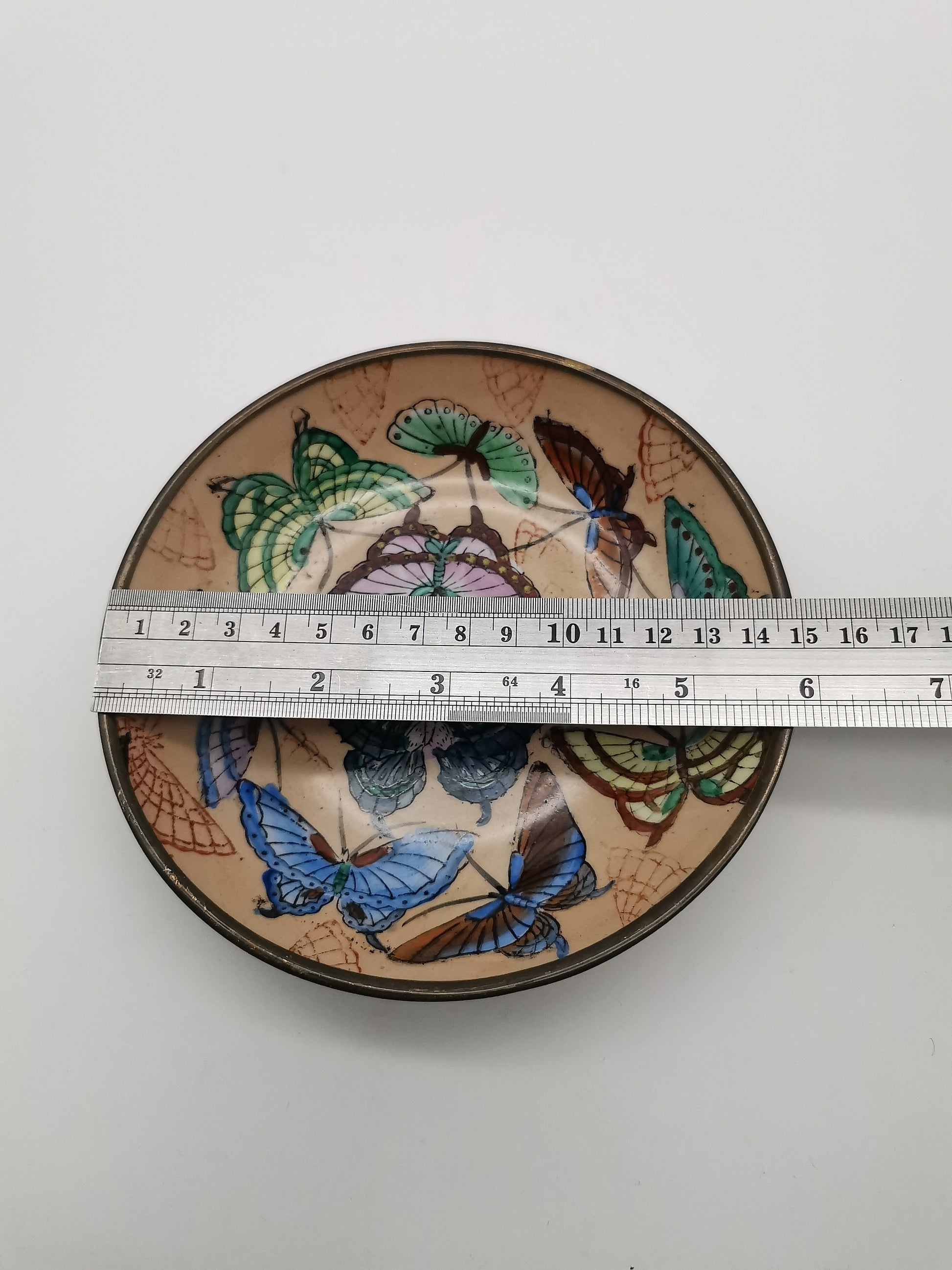 Vintage Chinese Hand-Painted Butterfly Porcelain Wall Plate encased in Brass