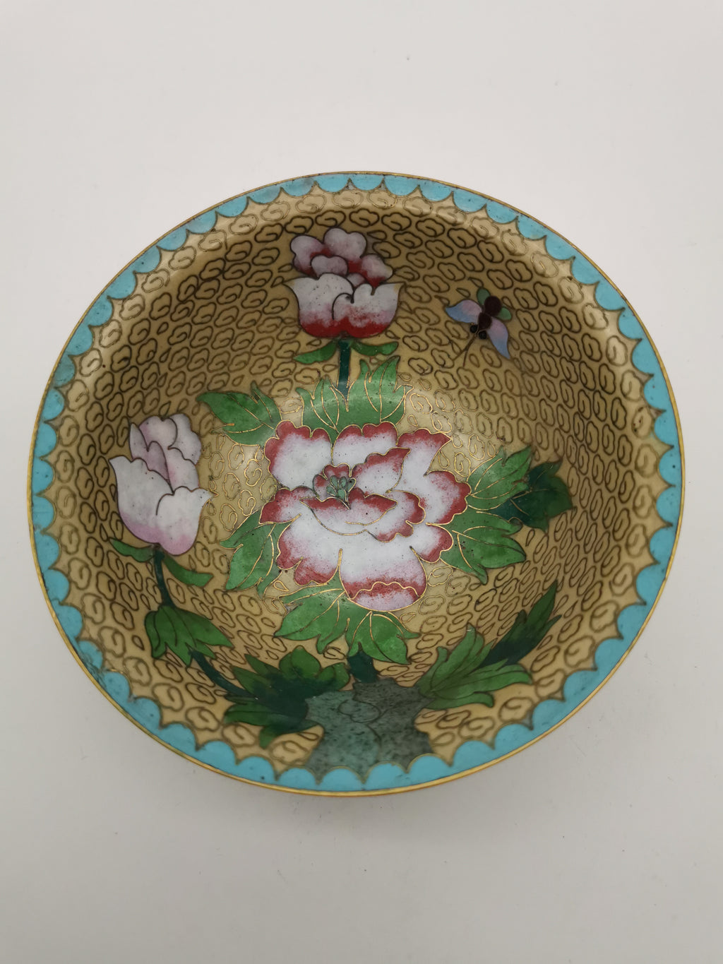 Vintage Chinese Cloisonné Enamel Bowl – 5" Peony & Butterfly Brass Trinket Dish