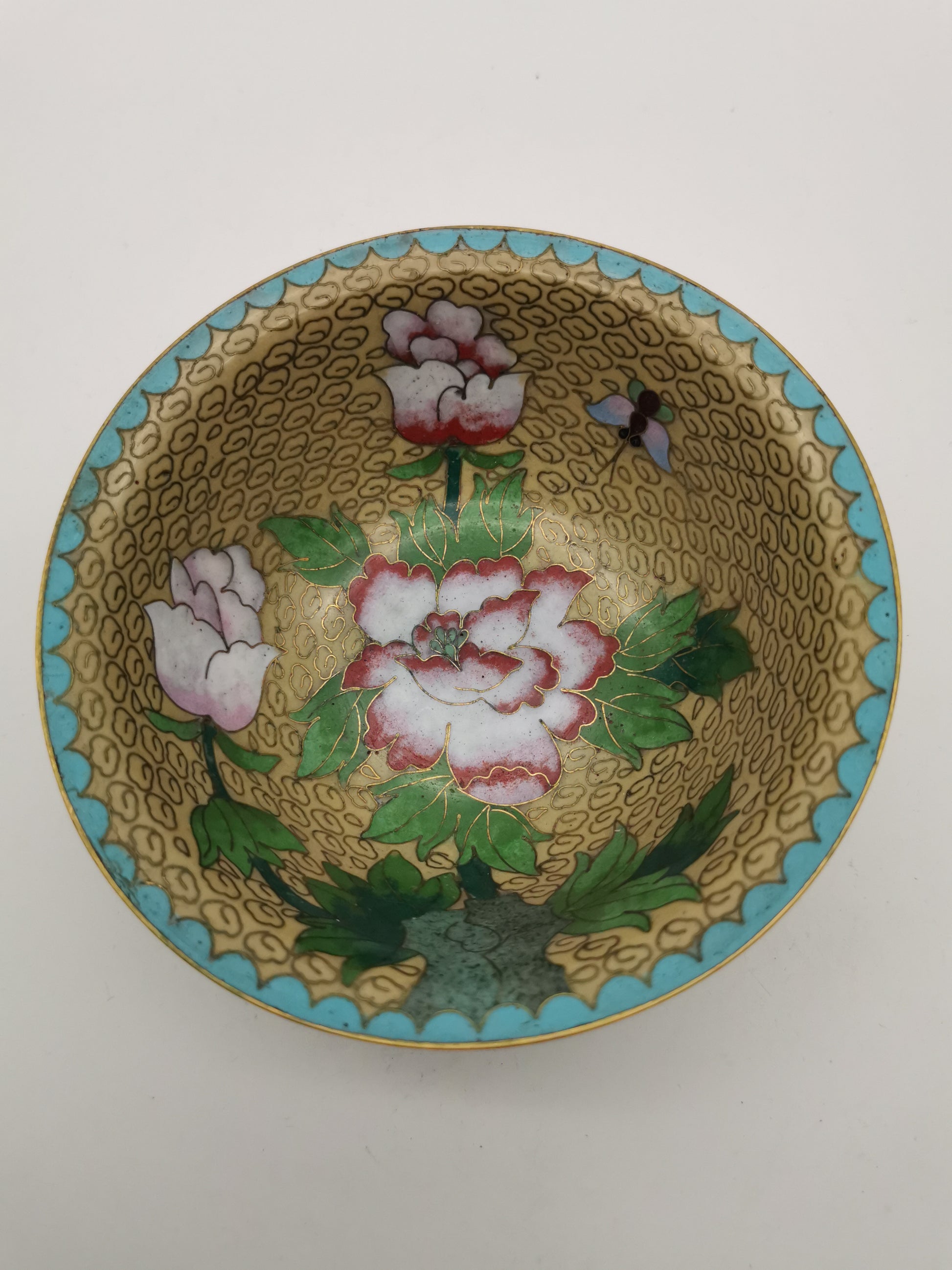 Vintage Chinese Cloisonné Enamel Bowl – 5" Peony & Butterfly Brass Trinket Dish