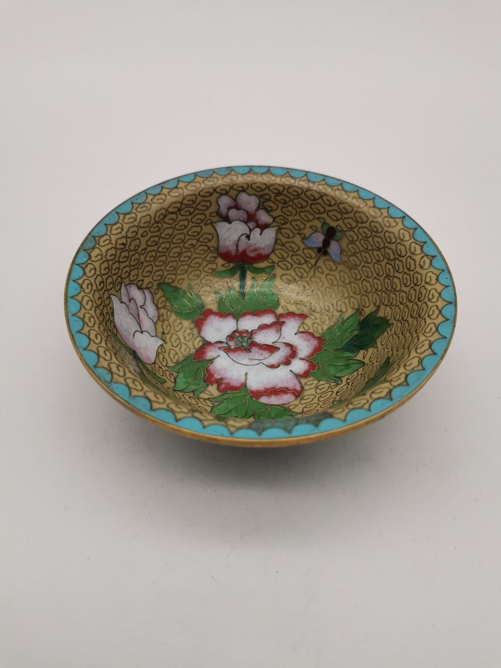 Vintage Chinese Cloisonné Enamel Bowl – 5" Peony & Butterfly Brass Trinket Dish