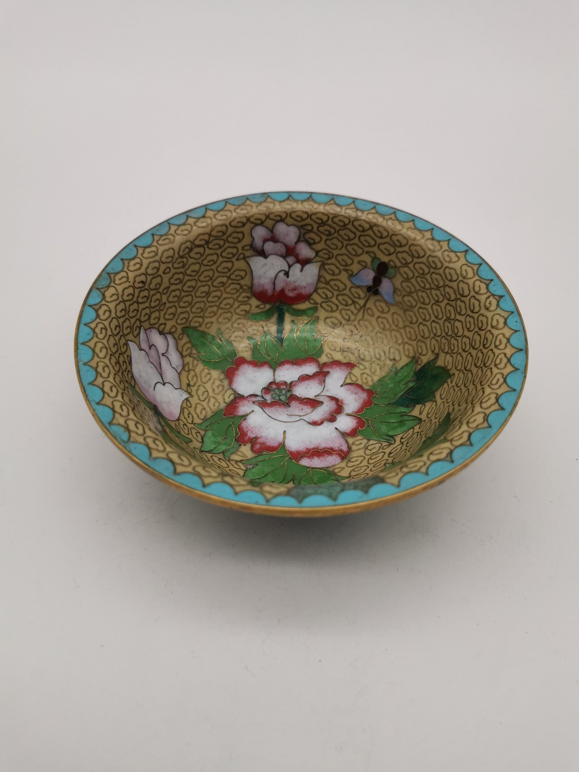 Vintage Chinese Cloisonné Enamel Bowl – 5" Peony & Butterfly Brass Trinket Dish