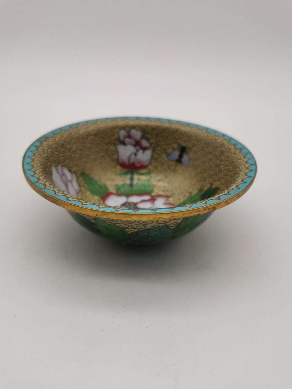 Vintage Chinese Cloisonné Enamel Bowl – 5" Peony & Butterfly Brass Trinket Dish