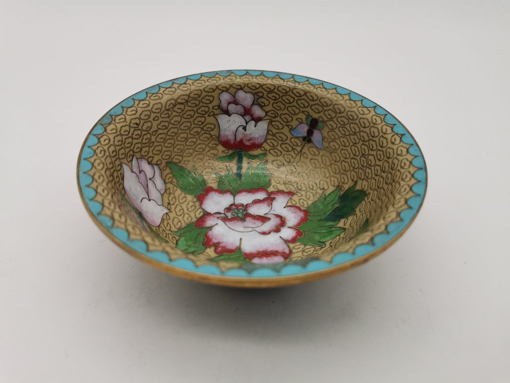 Vintage Chinese Cloisonné Enamel Bowl – 5" Peony & Butterfly Brass Trinket Dish