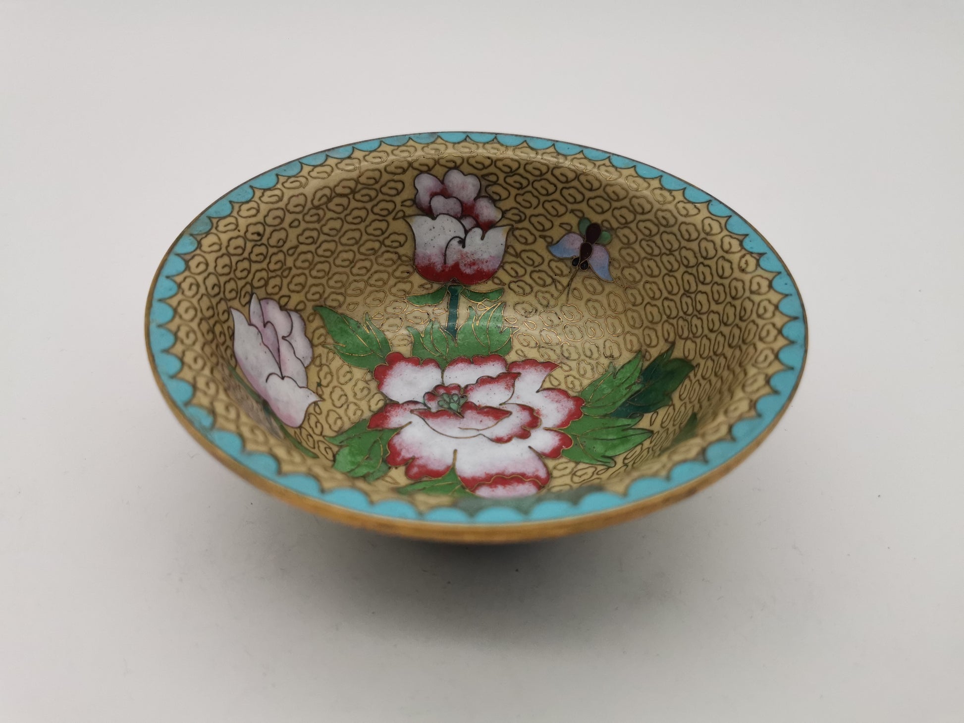 Vintage Chinese Cloisonné Enamel Bowl – 5" Peony & Butterfly Brass Trinket Dish