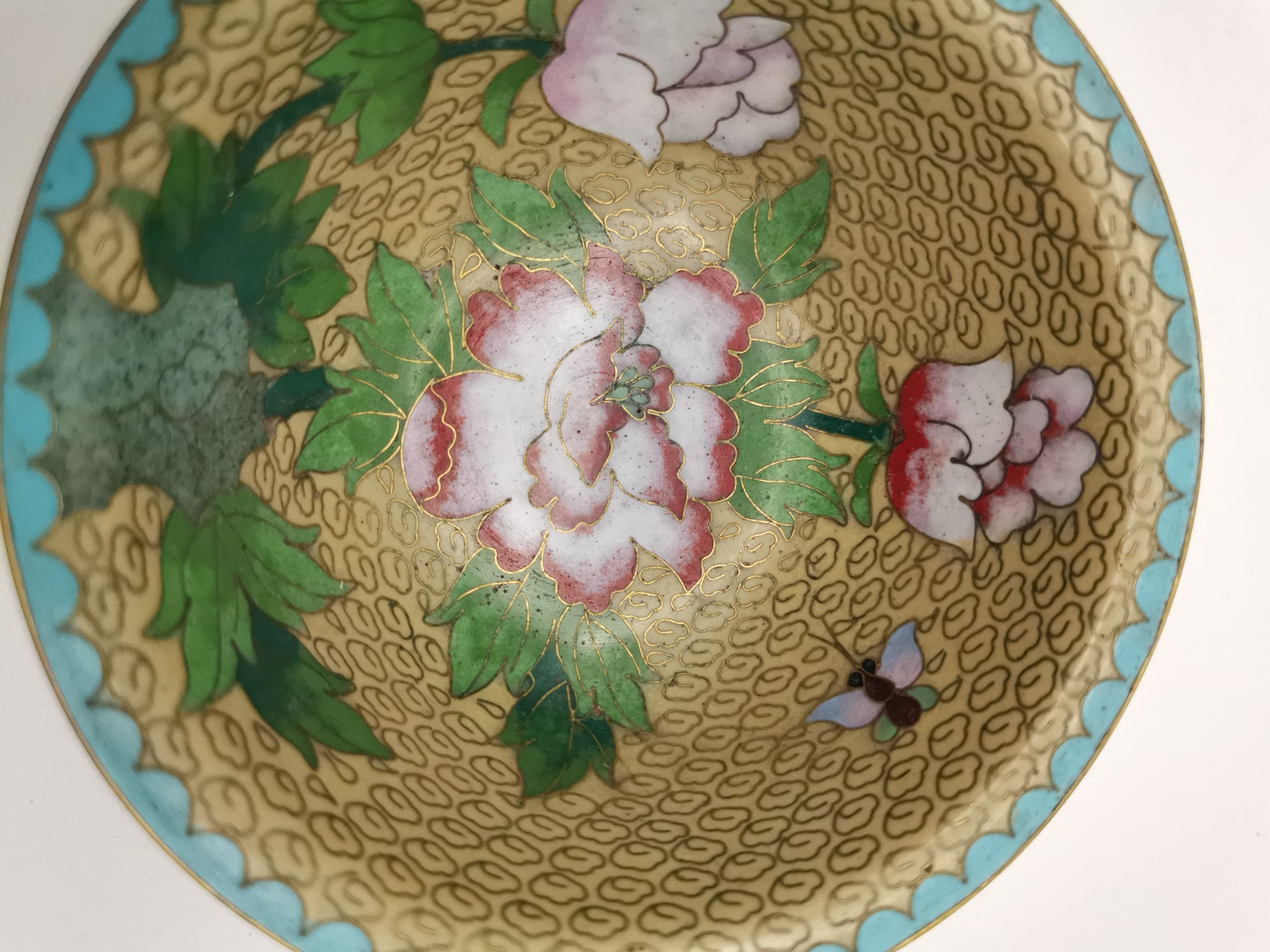 Vintage Chinese Cloisonné Enamel Bowl – 5" Peony & Butterfly Brass Trinket Dish