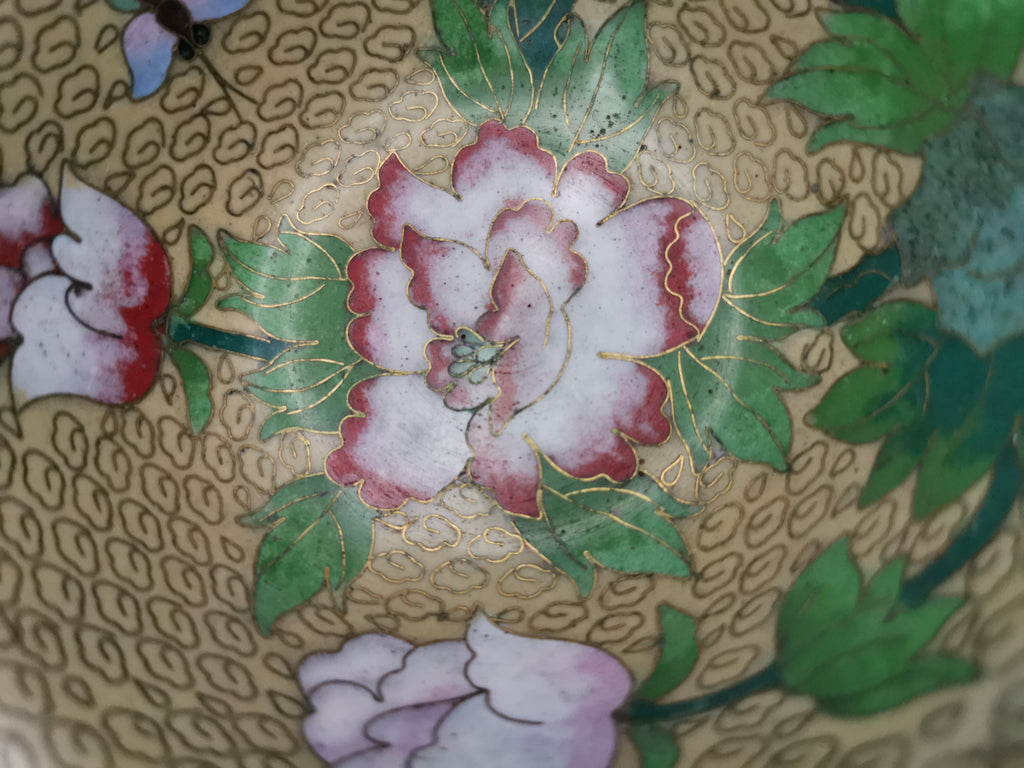 Vintage Chinese Cloisonné Enamel Bowl – 5" Peony & Butterfly Brass Trinket Dish