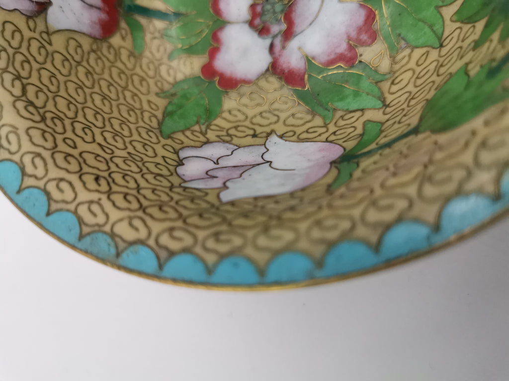Vintage Chinese Cloisonné Enamel Bowl – 5" Peony & Butterfly Brass Trinket Dish