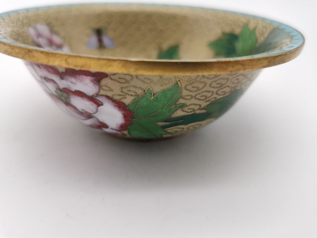 Vintage Chinese Cloisonné Enamel Bowl – 5" Peony & Butterfly Brass Trinket Dish