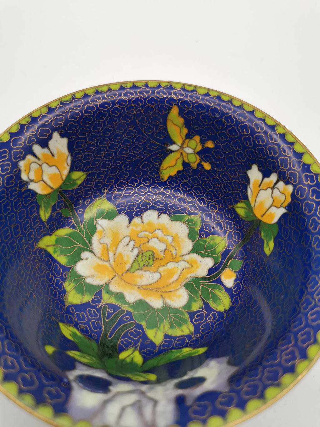 Vintage Chinese Cloisonné Bowl - Cobalt Blue with Yellow Peony and Butterfly