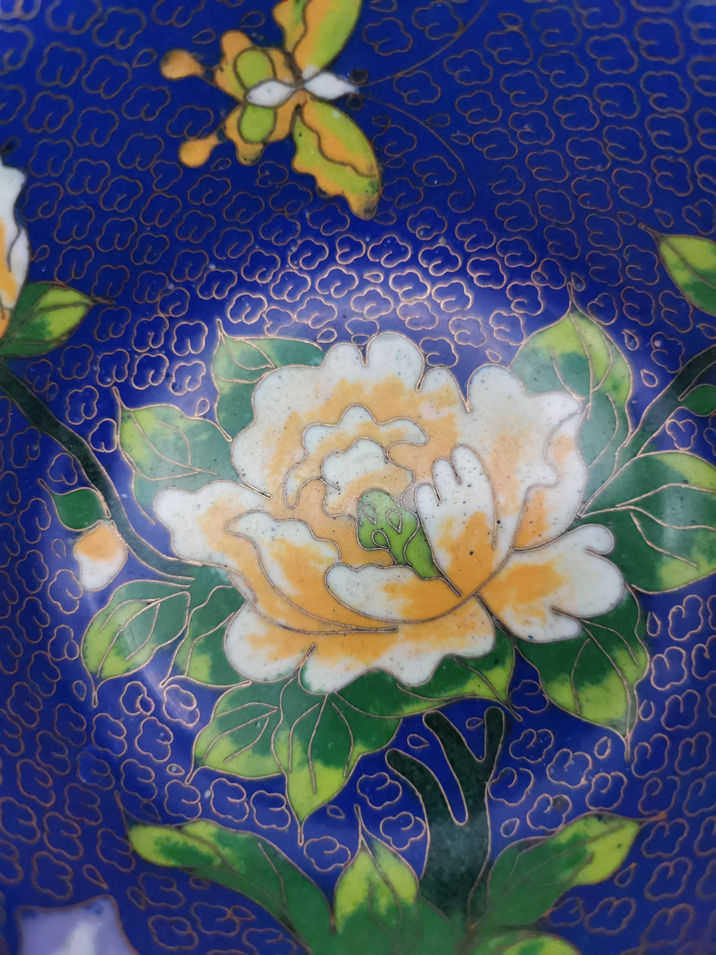 Vintage Chinese Cloisonné Bowl - Cobalt Blue with Yellow Peony and Butterfly