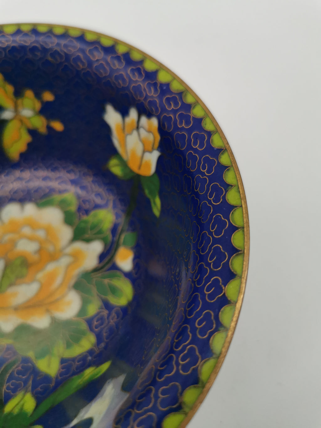 Vintage Chinese Cloisonné Bowl - Cobalt Blue with Yellow Peony and Butterfly
