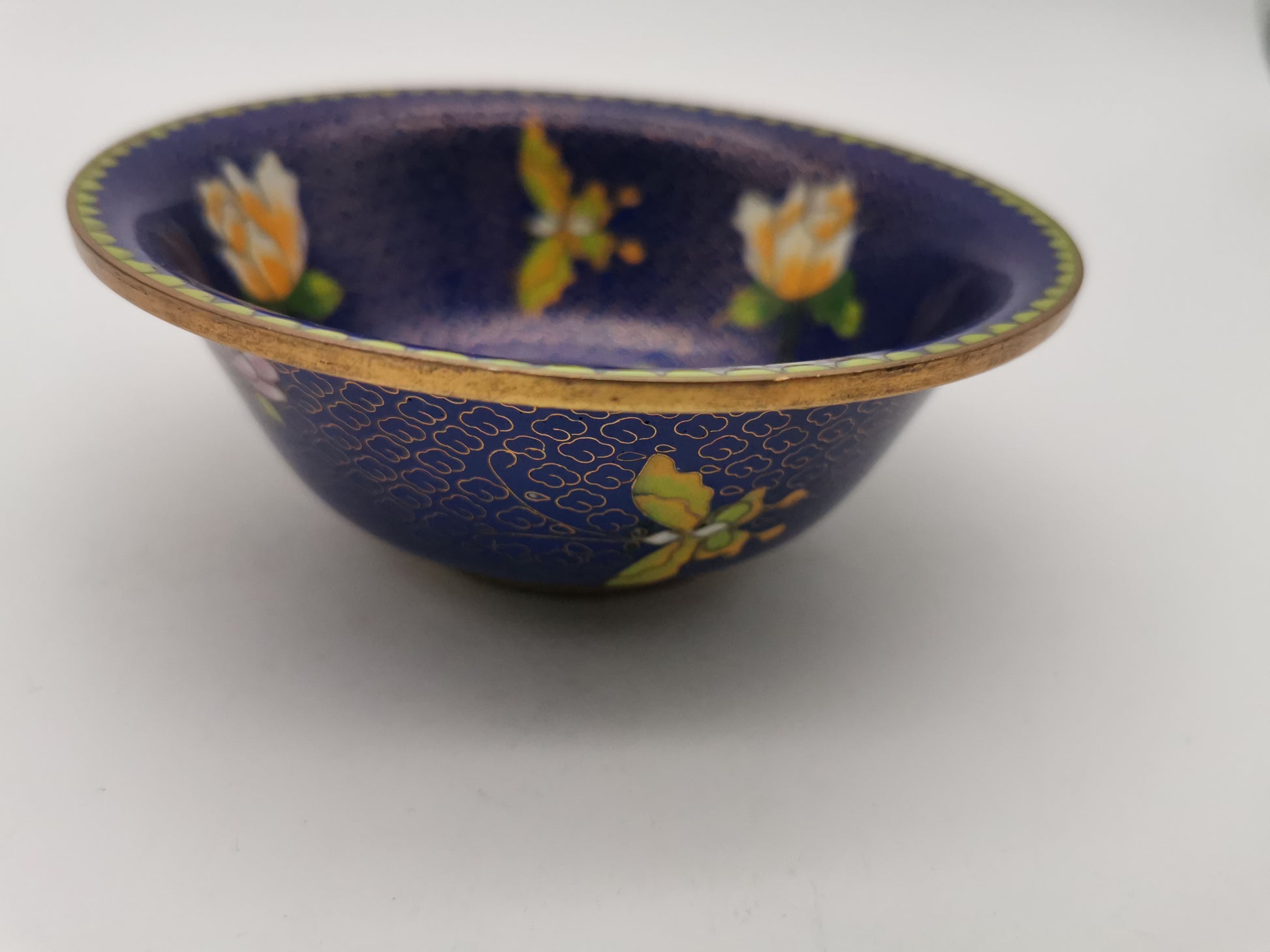 Vintage Chinese Cloisonné Bowl - Cobalt Blue with Yellow Peony and Butterfly