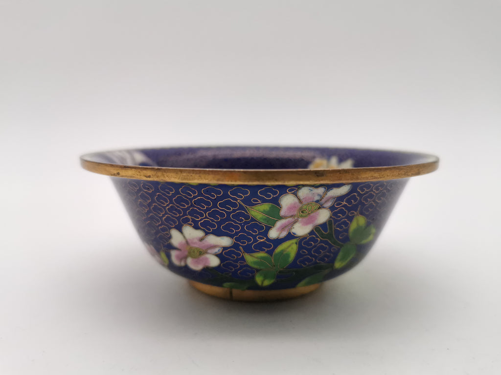 Vintage Chinese Cloisonné Bowl - Cobalt Blue with Yellow Peony and Butterfly