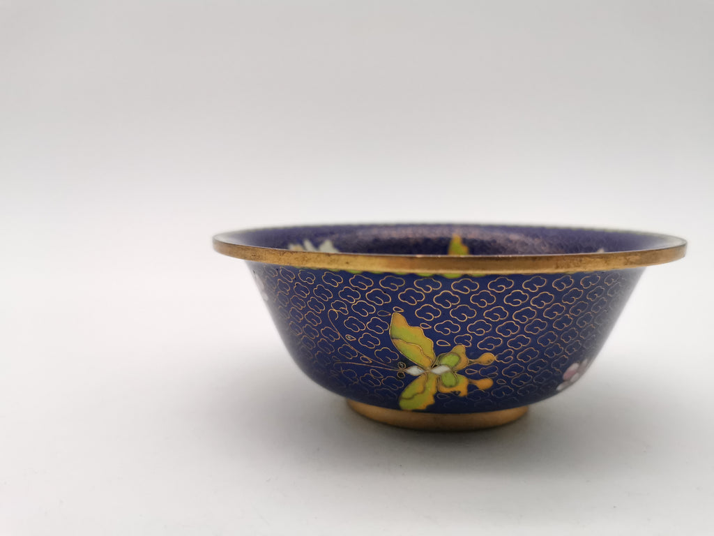 Vintage Chinese Cloisonné Bowl - Cobalt Blue with Yellow Peony and Butterfly