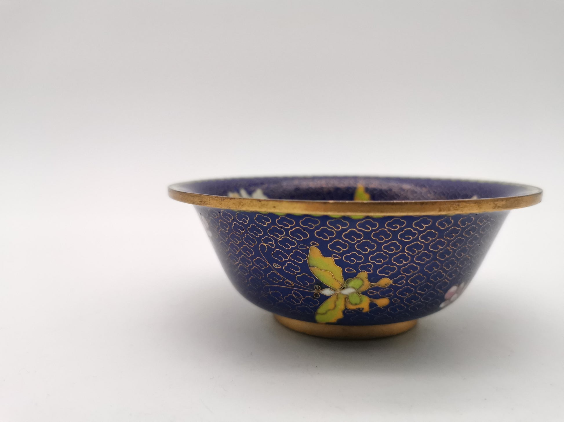 Vintage Chinese Cloisonné Bowl - Cobalt Blue with Yellow Peony and Butterfly