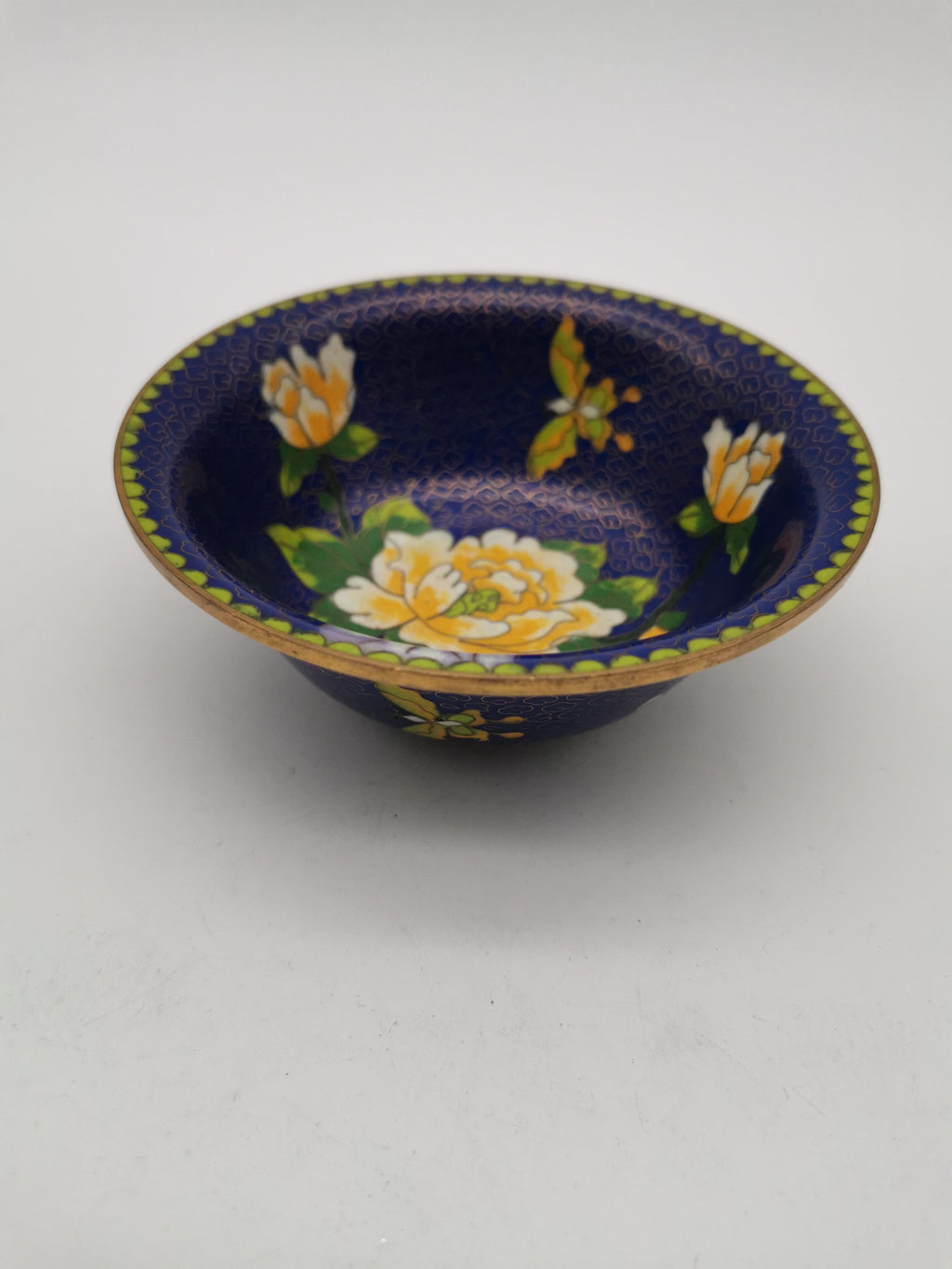 Vintage Chinese Cloisonné Bowl - Cobalt Blue with Yellow Peony and Butterfly
