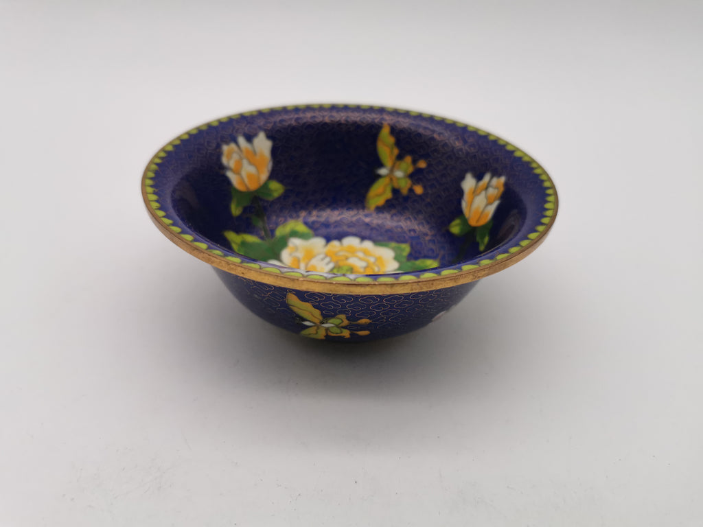 Vintage Chinese Cloisonné Bowl - Cobalt Blue with Yellow Peony and Butterfly