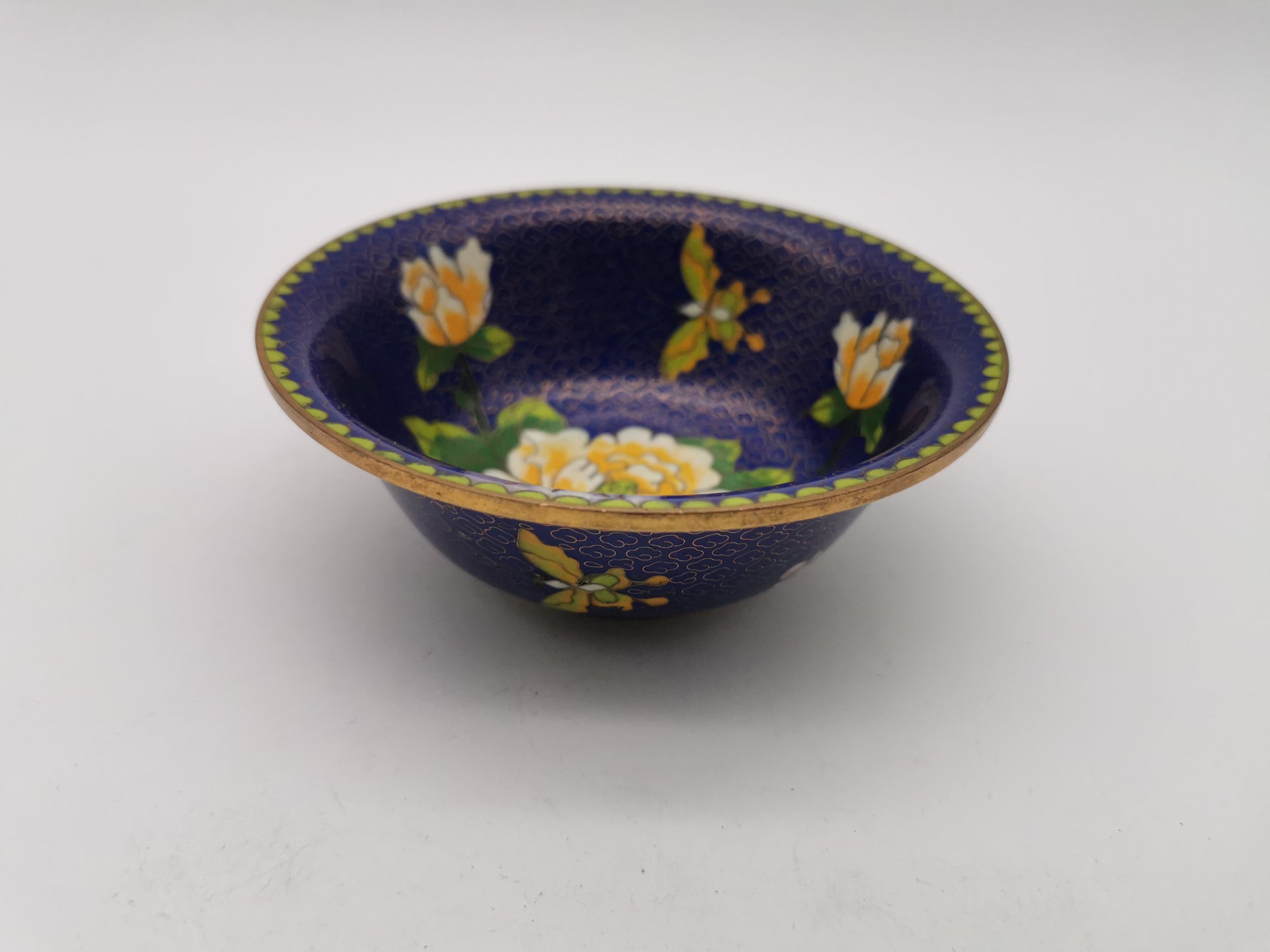 Vintage Chinese Cloisonné Bowl - Cobalt Blue with Yellow Peony and Butterfly