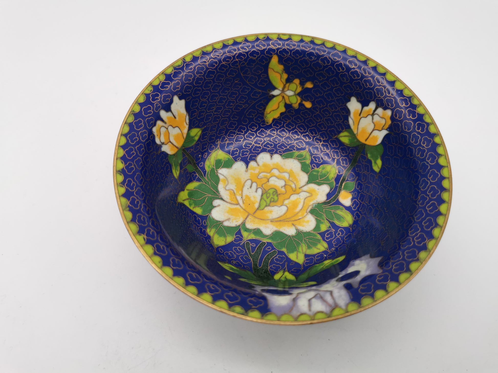 Vintage Chinese Cloisonné Bowl - Cobalt Blue with Yellow Peony and Butterfly
