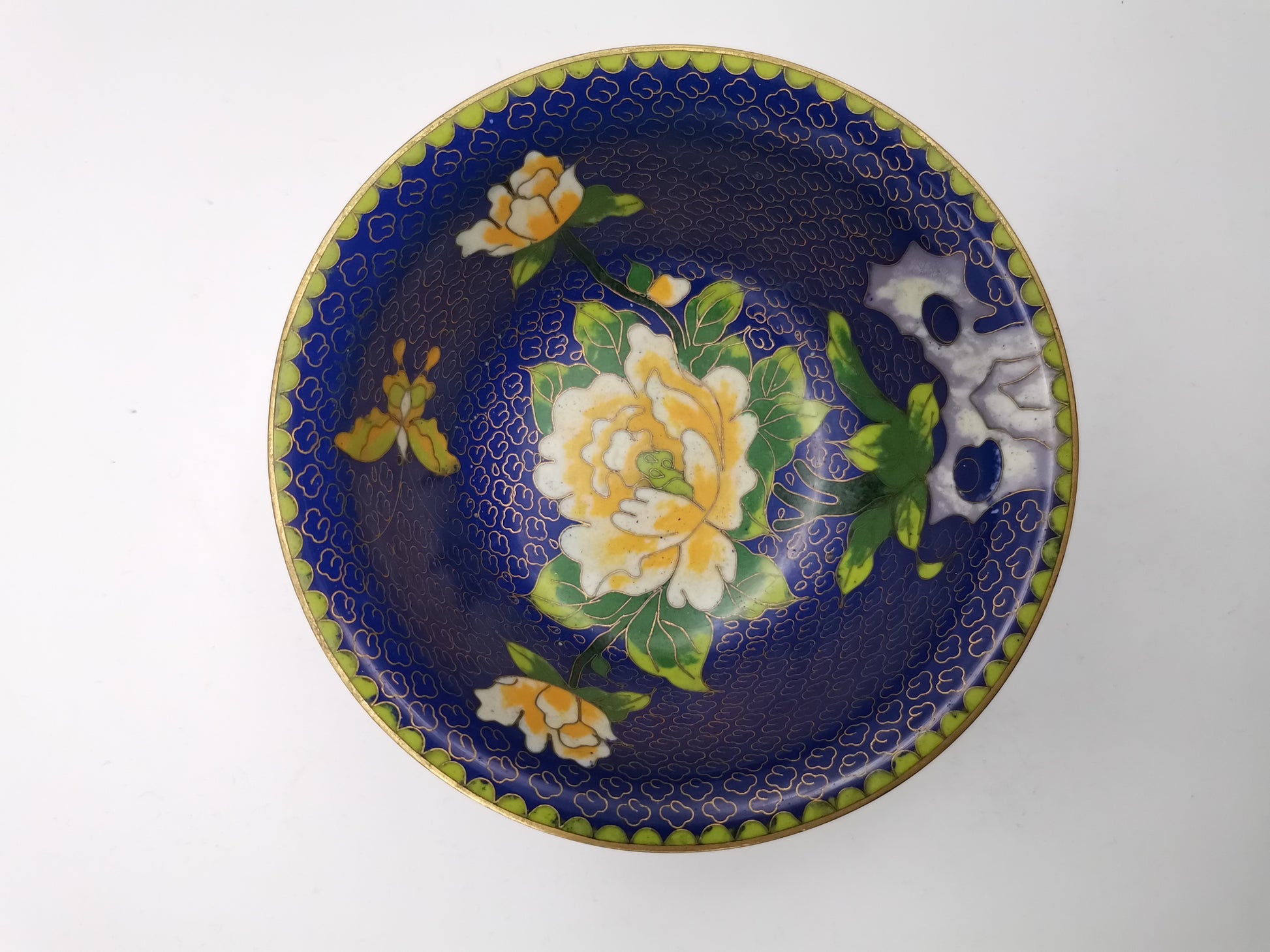 Vintage Chinese Cloisonné Bowl - Cobalt Blue with Yellow Peony and Butterfly