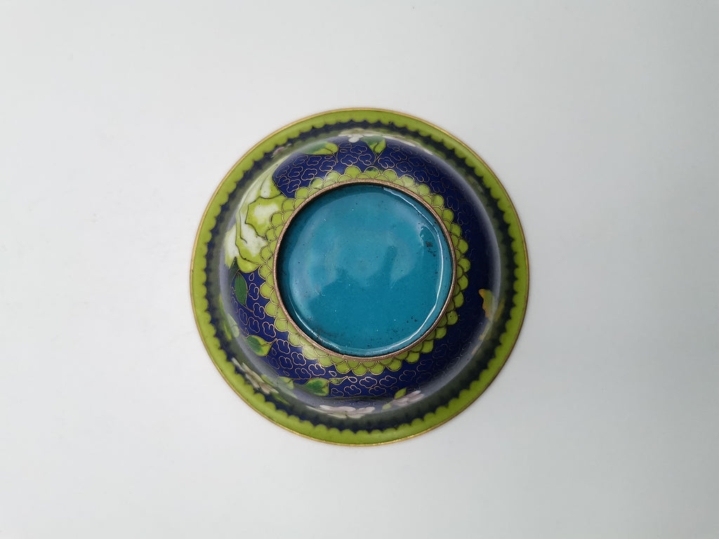 Vintage Chinese Cloisonné Bowl - Cobalt Blue with Yellow Peony and Butterfly