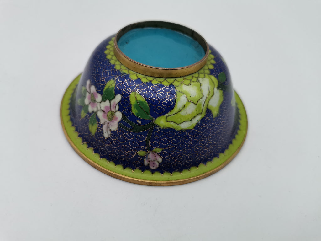 Vintage Chinese Cloisonné Bowl - Cobalt Blue with Yellow Peony and Butterfly