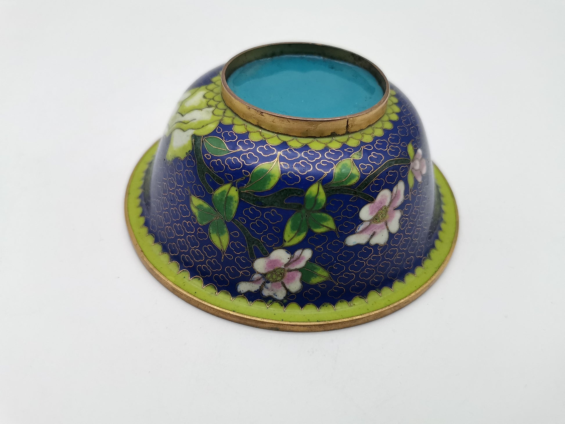 Vintage Chinese Cloisonné Bowl - Cobalt Blue with Yellow Peony and Butterfly
