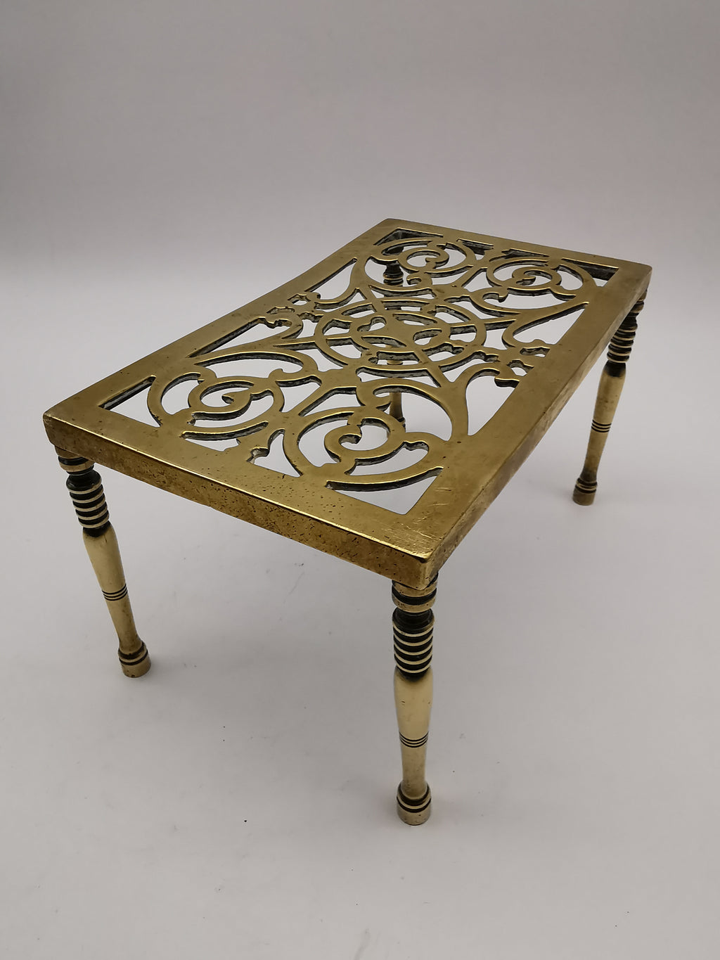 Antique Victorian Pierced Brass Fireplace Trivet Kettle Stand