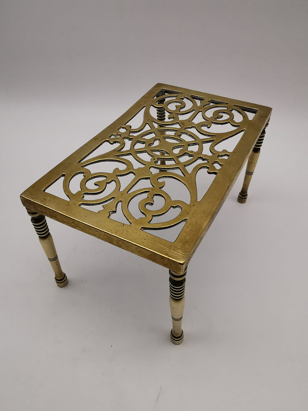 Antique Victorian Pierced Brass Fireplace Trivet Kettle Stand