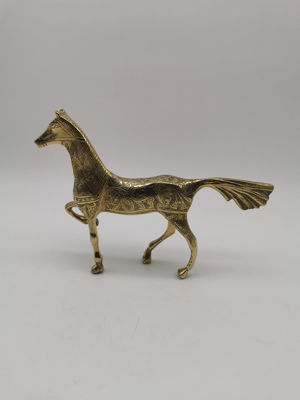 Vintage Etched Brass Horse Figurine- Mid-Century Hand-Engraved Statue of Ornate Arabian Stallion
