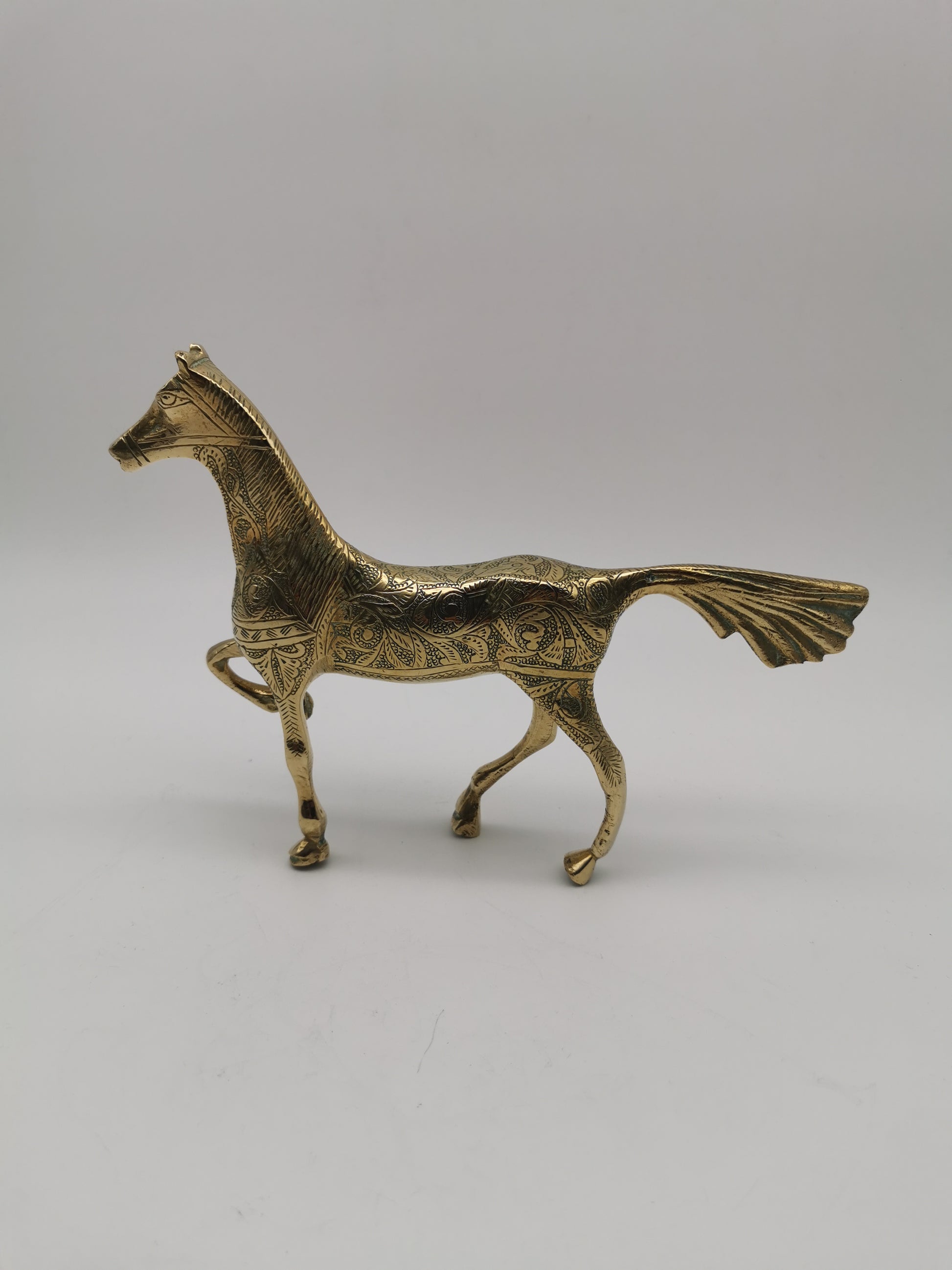 Vintage Etched Brass Horse Figurine- Mid-Century Hand-Engraved Statue of Ornate Arabian Stallion