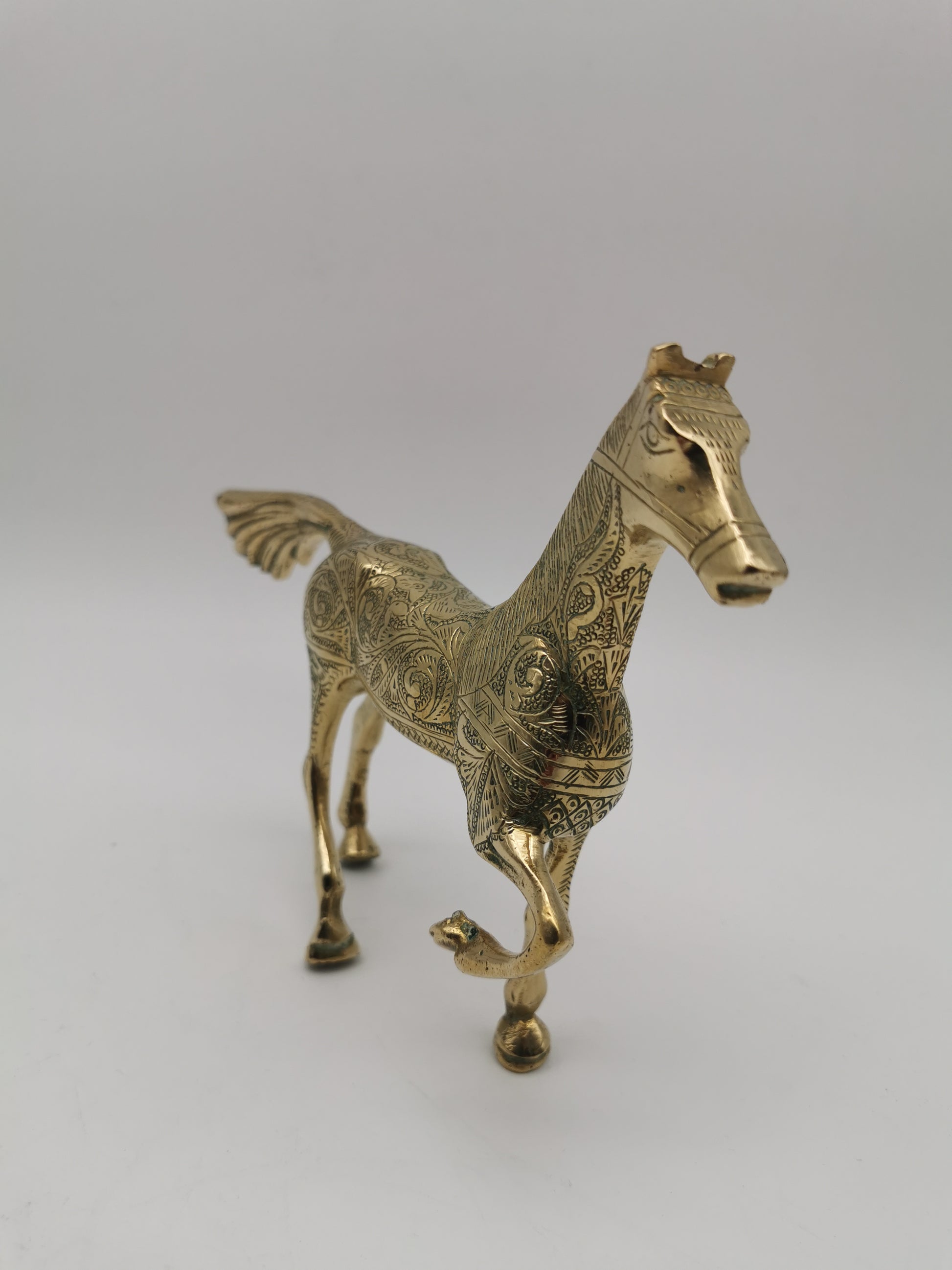 Vintage Etched Brass Horse Figurine- Mid-Century Hand-Engraved Statue of Ornate Arabian Stallion