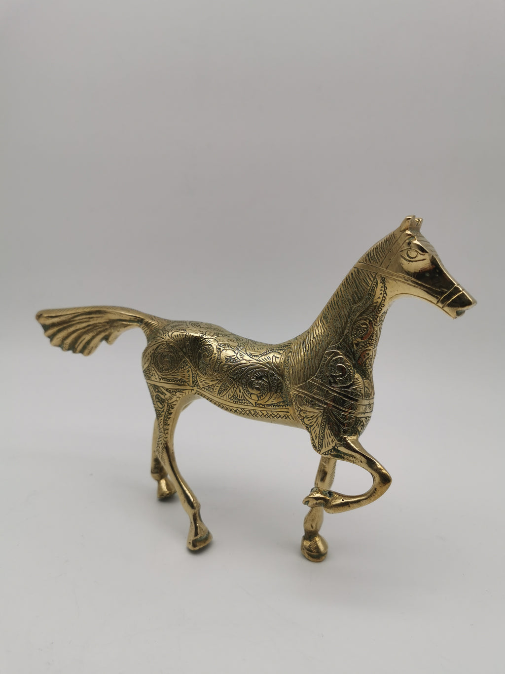 Vintage Etched Brass Horse Figurine- Mid-Century Hand-Engraved Statue of Ornate Arabian Stallion