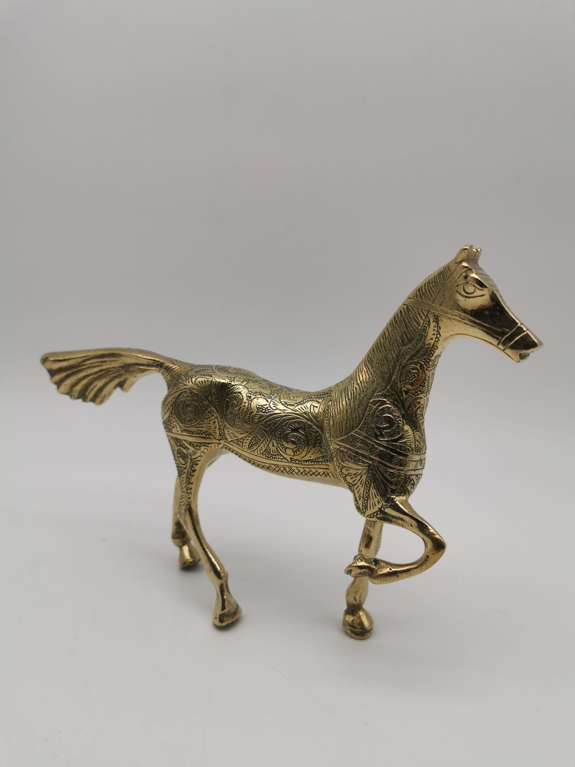Vintage Etched Brass Horse Figurine- Mid-Century Hand-Engraved Statue of Ornate Arabian Stallion