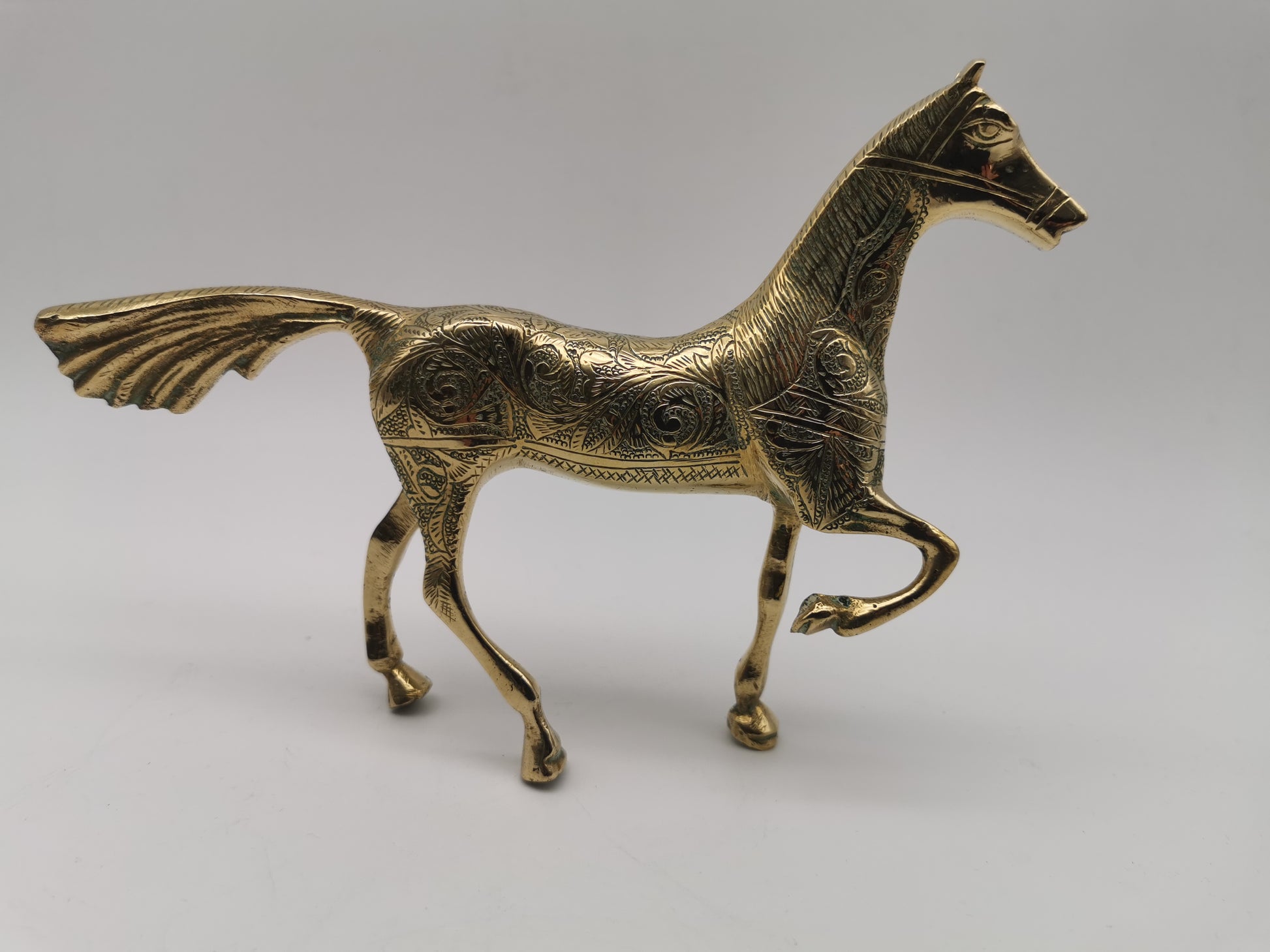 Vintage Etched Brass Horse Figurine- Mid-Century Hand-Engraved Statue of Ornate Arabian Stallion
