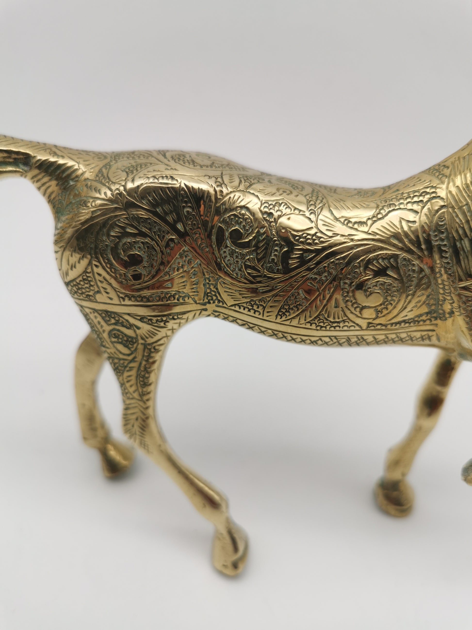 Vintage Etched Brass Horse Figurine- Mid-Century Hand-Engraved Statue of Ornate Arabian Stallion