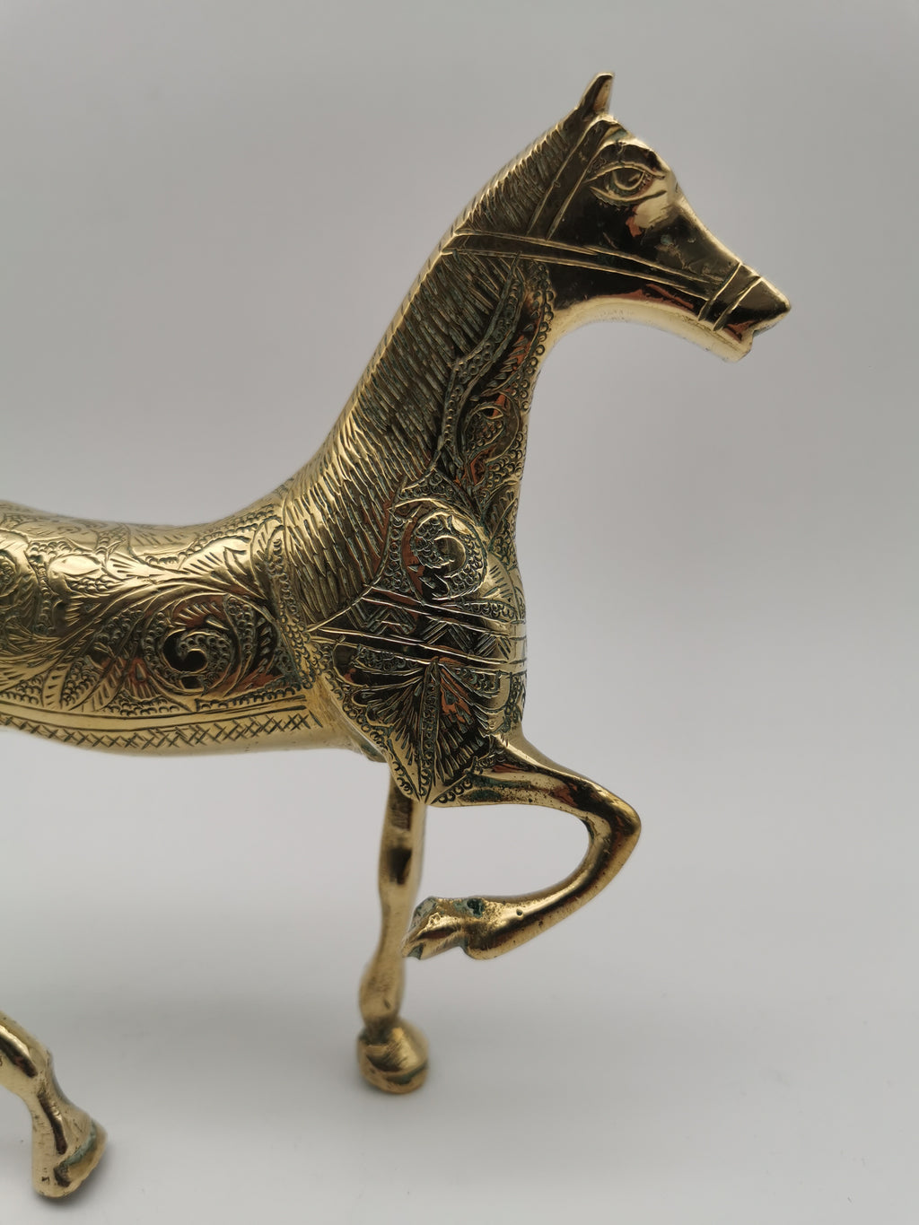 Vintage Etched Brass Horse Figurine- Mid-Century Hand-Engraved Statue of Ornate Arabian Stallion