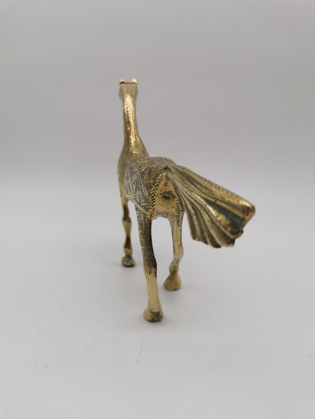 Vintage Etched Brass Horse Figurine- Mid-Century Hand-Engraved Statue of Ornate Arabian Stallion