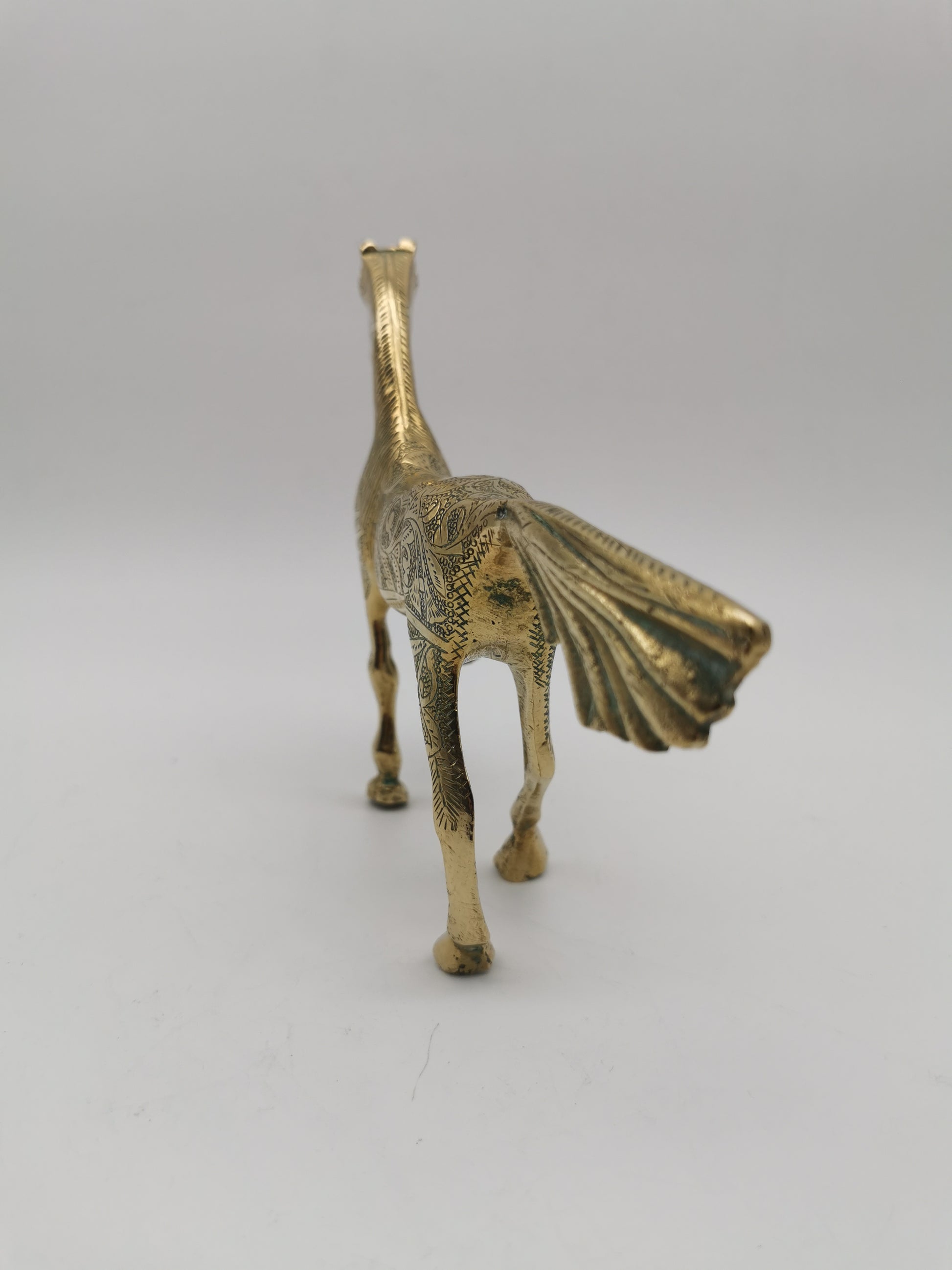 Vintage Etched Brass Horse Figurine- Mid-Century Hand-Engraved Statue of Ornate Arabian Stallion