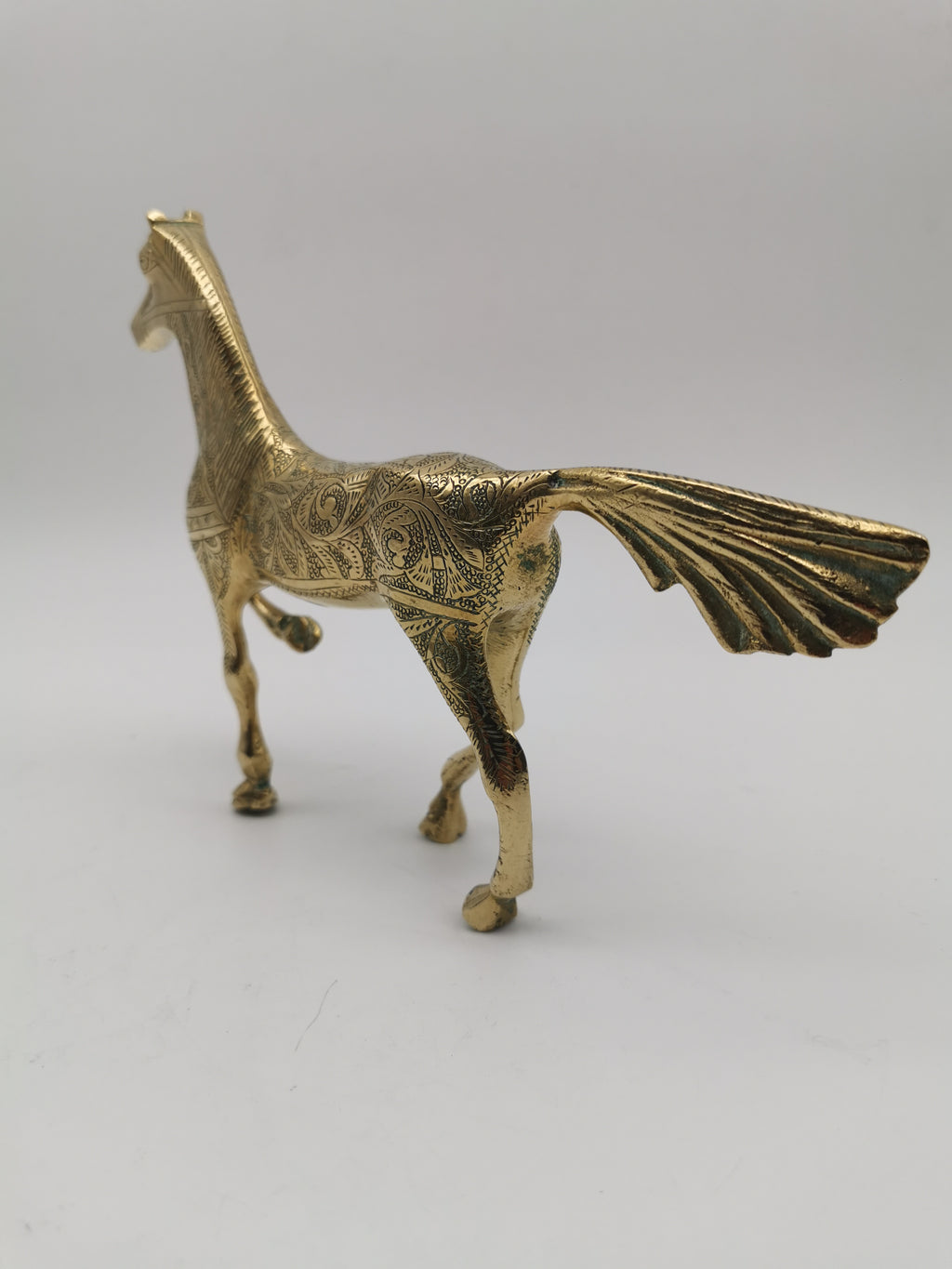 Vintage Etched Brass Horse Figurine- Mid-Century Hand-Engraved Statue of Ornate Arabian Stallion