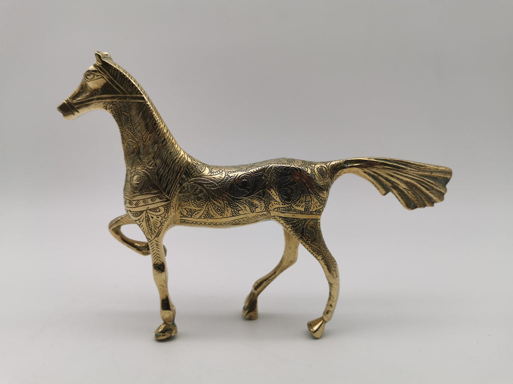 Vintage Etched Brass Horse Figurine- Mid-Century Hand-Engraved Statue of Ornate Arabian Stallion